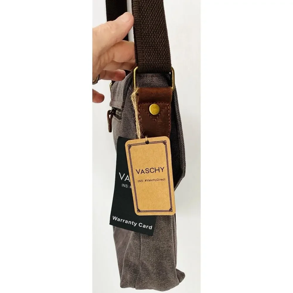 NWT VASCHY Canvas Leather Messenger Bag Gray Vintage Crossbody